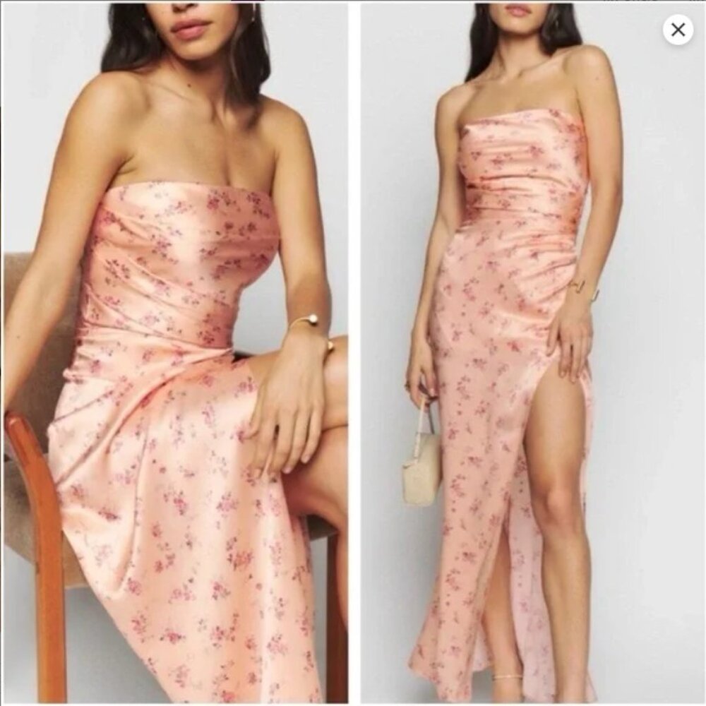 Reformation Strapless Pink Floral Satin Maxi Dress